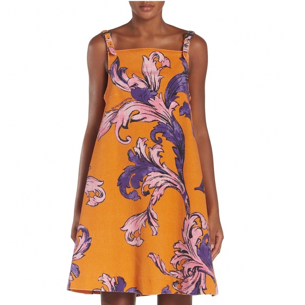 Versace Jeans Couture Orange Baroque Printed Buckle Strap Mini Dress IT 36 US 0